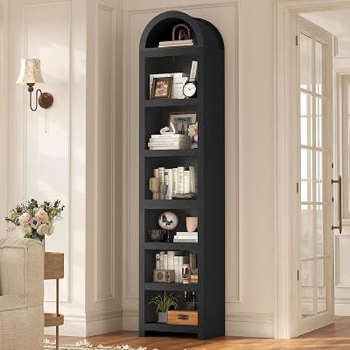 76" Tall Narrow Arched Bookcase,7-Teir Mid-Century Modern Bookshelf,Adjustable Shelves offering More Storage Space for Living Room,Kitchen,Home Office,Black