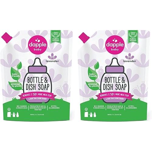 Dapple Baby Bottle Soap, Hypoallergenic Dish Soap for Baby Bottles, Powered by Plants, Lavender, 34 Fl Oz Refill (Pack of 2)