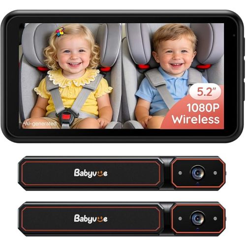 BV6PRO Wireless Dual Car Camera Baby Monitor Fast Setup | No Wiring, HD1080P, 5.2" Display, Spilt-Screen for 2 Kids, Auto IR Night Vision, Mirror Image for Newborns Gift