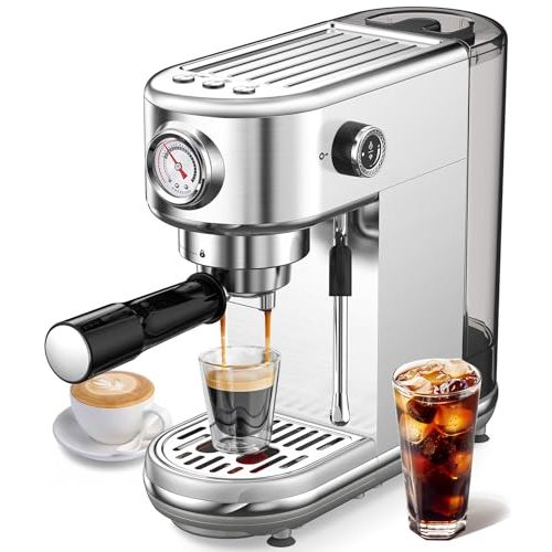 Espresso Machine with Milk Frother, 20 Bar High Pressure Professional Espresso Maker Automatic, Compact Stainless Steel Coffee Machine for Cappuccino, Latte, Gift for Coffee Lover, Dad or Mom, Silver