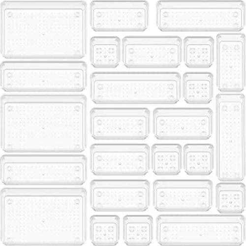 25 PCS Clear Plastic Drawer Organizer Set, Non-Slip/Crack Bathroom Vanity Drawer Organizer Trays Dividers, Versatile Storage Bins for Makeup, Jewelry and Office, Desk, Bathroom, Bedroom, Kitchen