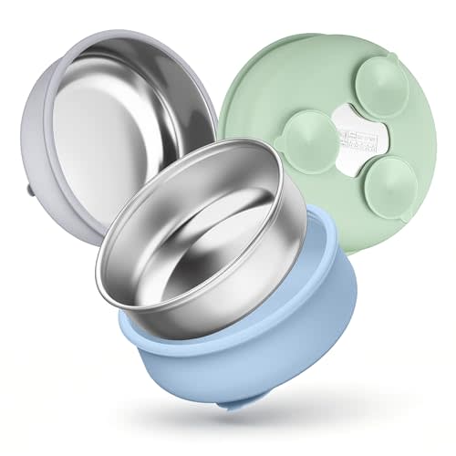 HaWare Baby Bowls with Suction, Stainless Steel Bowls with Silicone Sleeve | Non-Slip Food Bowl for Child Toddlers Infants, Unbreakable Kids Bowls for Feeding, Blue+Green+Grey, 3 Pack