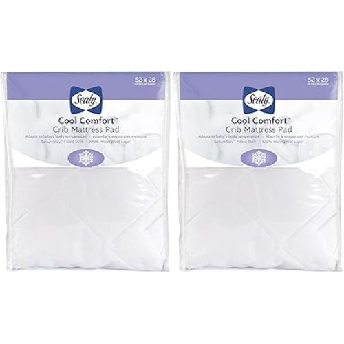 Sealy Baby Cool Comfort Fitted Waterproof Infant Cooling Crib Mattress Protector Pad and Toddler Bed Cover, Durable and Comfortable Topper, Machine Washable and Dryer Friendly, 52” x 28”- White
