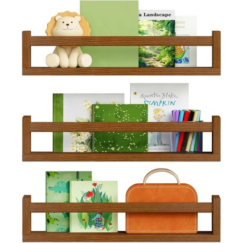 Walnut Brown Nursery Book Shelves Wall Mounted, Wooden Floating Bookshelf for Kids Room Bedroom, Dark Wood Nursery Bookshelves for Kitchen Classroom Playroom (Solid Pine, 3-Pack)