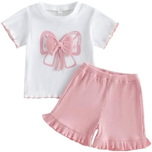 Kuriozud Toddler Baby Girl Clothes Cute Bow Short Sleeve T Shirts Top Ruffle Shorts Set 2 Piece Summer Outfits