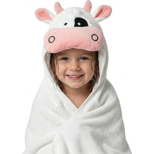 POCASOPA Hooded Towel with Cute Cow Design - Rayon Made from Bamboo Baby - Ultra Soft, Absorbent & Hypoallergenic - Large 35x35” Organic Towel for Newborns, Toddlers & Kids