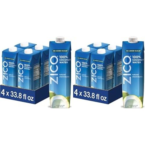 Zico 100% Coconut Water,No added Sugar,Refreshingly Delicious,Hydration with Electrolytes,33.8 Fl Oz,(Pack of 8)