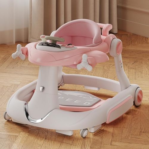 Kinder King 8-in-1 Baby Walker with Music & Lights, 3 Level Adjustable Height, Foldable Toddler Walker with Speed Adjustable Wheels, Easy to Clean, Baby Walkers for Boys & Girls 6-18 Months