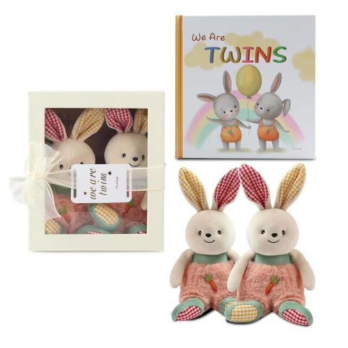 Twins Baby Items Set for Girl and Boy - Plush Rabbit 2-Piece Set and Twin Baby Storybook