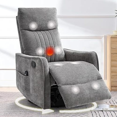 cinkehome Heated Massage Swivel Rocker Recliner Chair for Nursery - Small Space Reclining Chair with Lumbar Support, 360° Swivel & Gentle Rocking, Ergonomic High Back Chenille Fabric Gray