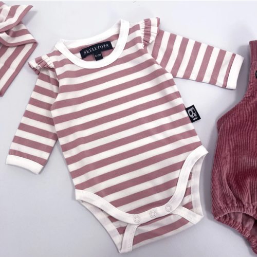Baby Bodysuit - Striped Dusky Pink & White with Frilled Sleeves - Gothic Fashion – Skeletots