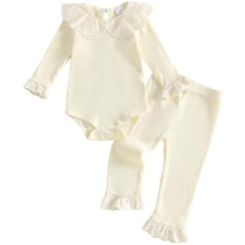 Newborn Baby Girl Fall Outfits Long Sleeve Lace Ribbed Romper Pants Set