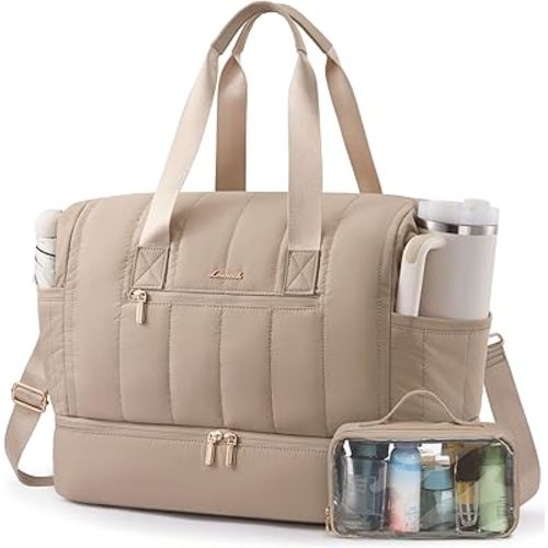 LOVEVOOK Travel Duffle Bag,Puffer Weekender Bags For Women with Shoe Compartment,42L Carry On Duffel Bags For Airplanes,Hospital Bag for Labor and Delivery,Overnight Bsg With Toiletry,2Pcs Set