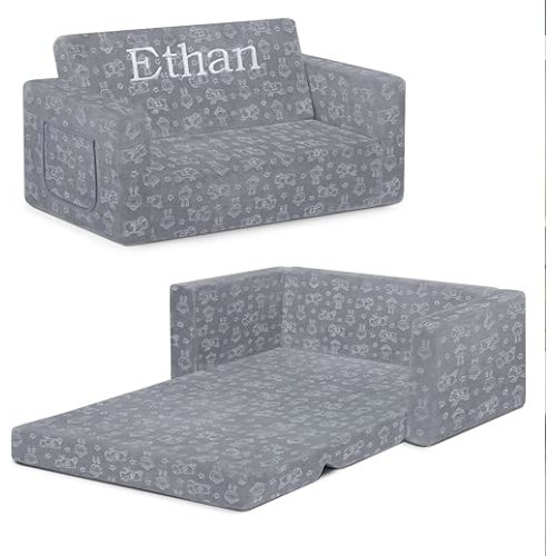 Delta Children Serta Perfect Sleeper Personalized Extra Wide Convertible Sofa to Lounger, Comfy 2-in-1 Flip Open Couch/Sleeper for Kids, Grey