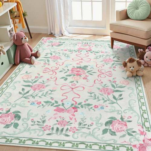 Kaldi Floral Washable Area Rug Non-Slip Stain Resistant Low-Pile Boho Large Indoor Throw Carpet