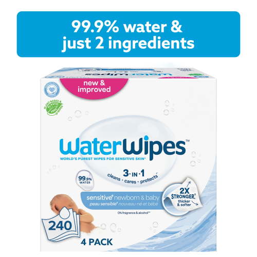 WaterWipes Sensitive Newborn & Baby Wipes, 3-In-1 Cleans, Cares, Protects, 99.9% Water, Unscented & Hypoallergenic, 4 Packs (240 Wipes)