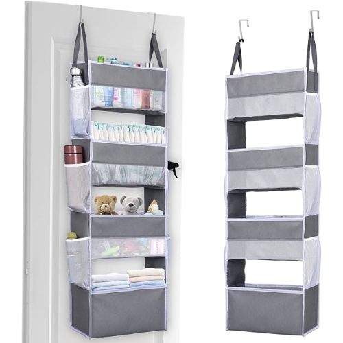 ULG Over Door Organizer with 4 Large Pockets 6 Mesh Side Pockets, 33 lbs Weight Capacity Hanging Storage Organizer with Clear Window for Bedroom Nursery, Baby Kids Toys, Diapers, Light Grey (1 Pack)