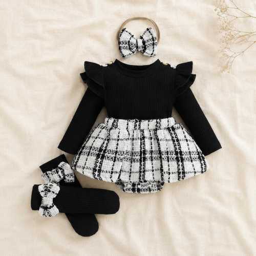 Baby Girl Plaid Romper Set, Ruffle Long Sleeve Bodysuit, Bow Headband And Socks