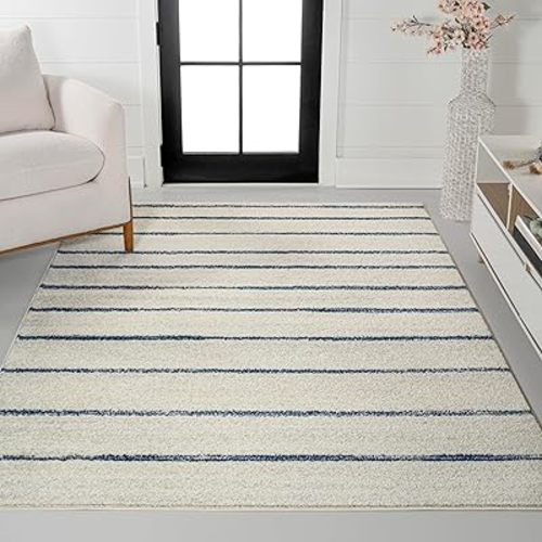 JONATHAN Y MOH201E-5 Williamsburg Minimalist Stripe Area Rug, Contemporary, Modern, Bohemian, Scandinavian, Rustic for Living Room, Dining Room, Bedroom, Kitchen, Cream/Navy, 5 X 8