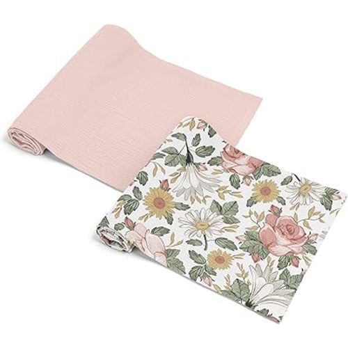 Sweet Jojo Designs 2-Piece Baby Muslin Swaddle Blanket Set (Boho Vintage Floral) for Girls, Infant Nursery, Lightweight Cotton Blanket for Newborns (Shabby Chic Farmhouse, Rose, Daisy, Bohemian, Sage)