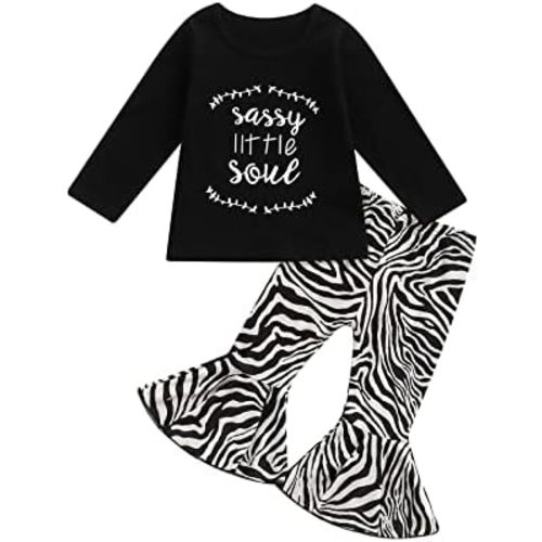Toddler Kids Baby Girls Outfit Long Sleeve Letter Print Tops Zebra-Stripe Flare Pants Set Autumn Casual Clothes