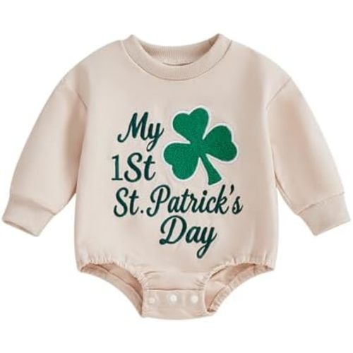 Sasaerucure My First St Patricks Day Baby Boy Outfit Green Clover Onesie Long Sleeve Romper Lucky Charm Baby Clothes