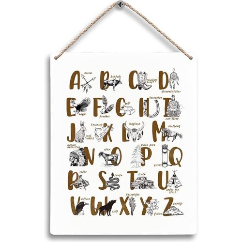Western Alphabet Hanging Wooden Signs 8x10, Wild West ABC Toddler Nursery Playroom Classroom Wall Decor, Home Decor Gifts for Toddlers Boys Cowboy