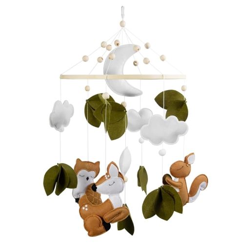 Woodland Animals Theme Bassinet Baby Nursery Mobiles with Modes Digital Music Box 3In1 Set-34 Inch Wooden Mobile Arm for Crib Mobile Hanger for Crib Baby Nursery Decor
