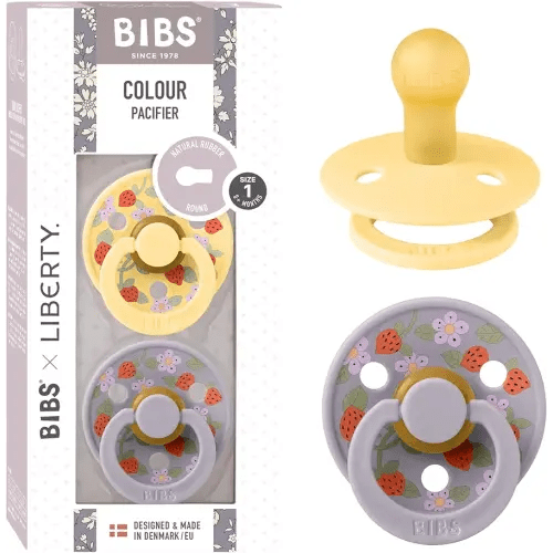 BiBS Liberty Pacifier 2-Pack, BPA Free Pacfiers with Natural Latex Round Nipple, Made in Scandinavia, Size 1 (0-6 Months), Strawberries and Cream Pale Butter Mix