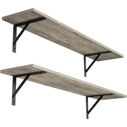 DINZI LVJ Long Shelf, 31.5 Inch Large Wall Mounted Shelves Set of 2, Easy-to-Install, Display Ledges with Sturdy Metal Brackets for Living Room, Bathroom, Bedroom, Kitchen, Laundry Room, Gray Wash