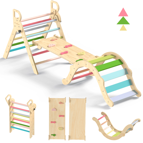 BlueWood Pikler Triangle Set Montessori Indoor Jungle Gym 8-in-1 Foldable Wooden