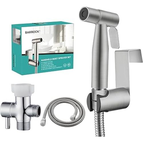 BARROCK Handheld Bidet Sprayer for Toilet, Stainless Steel Metal Made Baby Cloth Diaper Spraying Kit, Bathroom Toilet Bidet Attachment Set for Bathing Pets and Feminine Hygiene, Brushed Nickel