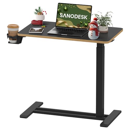 SANODESK Medical Adjustable Overbed Bedside Table with Hidden Casters, Pneumatic Mobile Laptop Computer Standing Desk Cart with Tray, Hospital and Home Use(27.6" W x 15.7" D, Black)