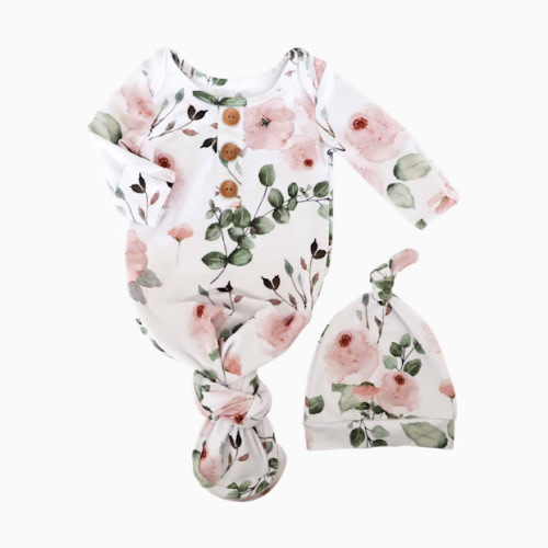 Newborn Baby Knot Gown & Hat Set - Millie's Dusty Rose Garden