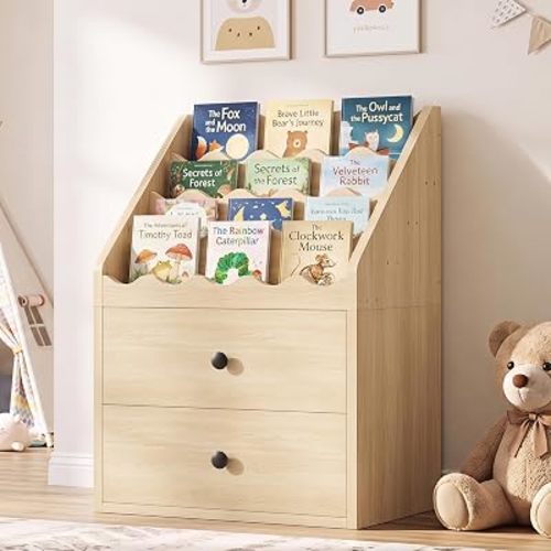 NACHES Maple 4 Tier Scalloped Kids Bookshelf with 2 Storage Drawers, Front Facing Montessori Book Rack Toy Organizer for Toddler Nursery Playroom Bedroom
