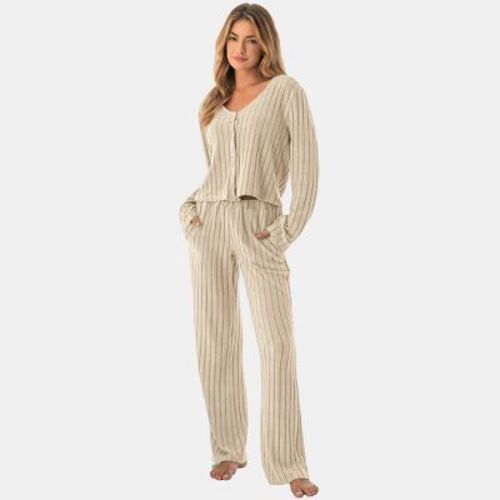 Cupshe Women's Ribbed Knit Long Sleeve Top & Pants Pajama Set-L-White