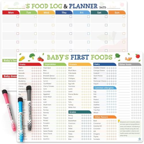 Baby First Foods Tracker Magnets, 2 Pack 101 Foods & Meal Planner | Nutrition Poster, Daily Log Meal Planner Checklist, 101 Foods Before 1, Dry Erase Whiteboard for Refrigerator