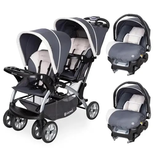 Baby Trend Infant and Toddler Double Stroller & 2 Car Seat Combo, 3 Pc Set, Magnolia - Portable and Lightweight Stroller Duo and Car Seat Travel System Tandem