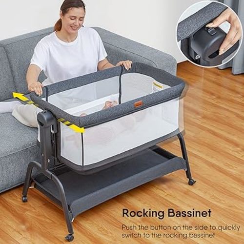 BabyBond Baby Bassinet, 3 in 1 Infant & Toddler Cradle with Soft Waterproof Mattress and Skin-Friendly & Breathable Sheet, 6 Height Adjustable, Easy to Assemble Bedside Crib Sleeper