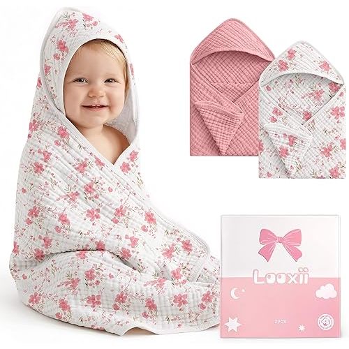 Looxii Baby Bath Towels 2 Pack Muslin Hooded Baby Towels for Newborn and Infants, 100% Cotton, Large 32x32Inch, Soft and Absorbent Pink+Flowers
