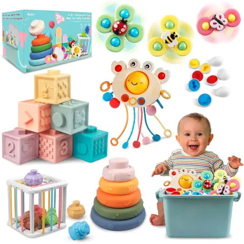 6 in 1 Baby Toys 6 to 12 Months, Montessori Toy for Toddlers 1-3, Infant Teething Babies Toy Stacking Blocks Rings Pull String Toy Sorter Sensory Bin