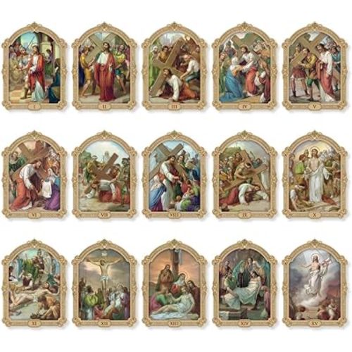 Generic Stations of the Cross Set of 16, 2-3/4"x3-3/4, Gold Stamped Italian Images