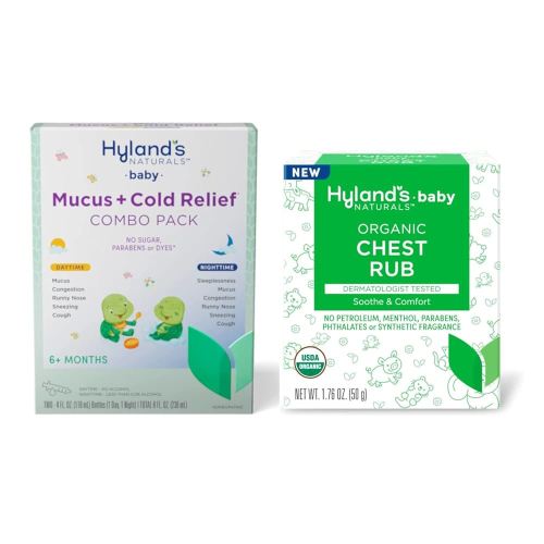 Hyland's Baby Mucus and Cold Relief, Day & Night, Decongestant & Cough Relief, 8 Fl Oz and Organic Chest Rub, Soothe & Comfort, with Organic Lavender, Peppermint, & Chamomile 1.76 Oz.