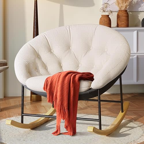 Kidirect Wide Rocking Chair Nursery, Comfy Saucer Nursery Rocking Chairs with Removable Cushion, Indoor Papasan Nursing Chair for Breastfeeding, Mecedora Para Adultos for Living Room & Bedroom (Cream)
