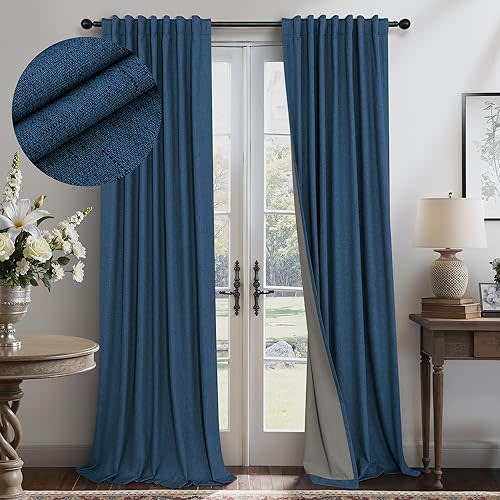 Navy Blue Linen Textured Curtains 90 Inches Long 2 Panels Set Modern Neutral Nursery Blackout Curtains for Kids Bedroom Black Out Thermal Drapes for Summer Heat Noise Reducing Back Tab 52x90 Length