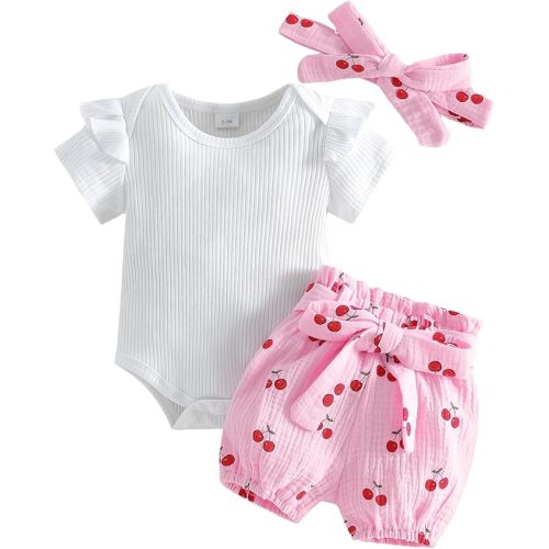 Kaipiclos Newborn Infant Girl Clothes Rib Knit Romper Daisy Print Shorts Headband Baby Summer Clothes 0 3 6 12 18 24 Months