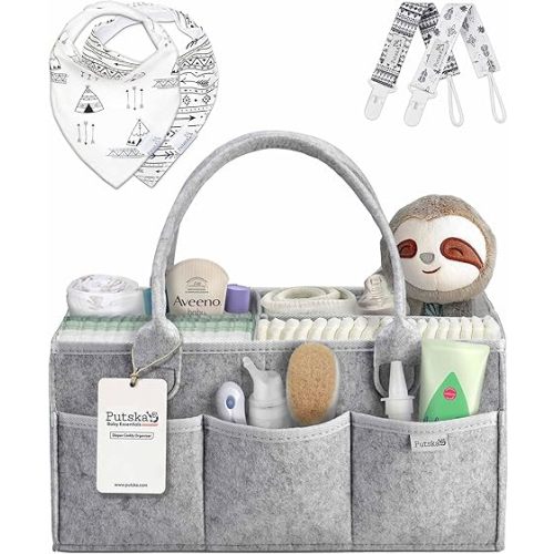PUTSKA Baby Diaper Caddy Organizer - Nursery Storage Basket for Diaper Station, Baby Basket Shower Gift List and Registry Must-Have, Newborn Essentials, Nursery Decor for Boy or Girl - Grey, Large