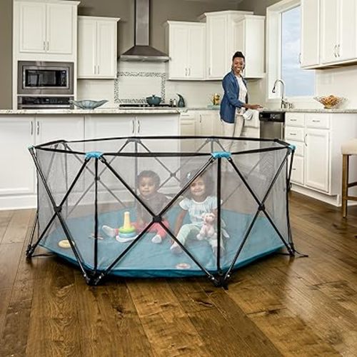 Regalo Safety My Play Deluxe Extra Large Baby Playpen & Portable Play Yard, Foldable 8-Panel Indoor Outdoor Playpen for Babies & Toddlers, Mesh Sides, Washable Nylon Bottom, 62", Aqua/Black