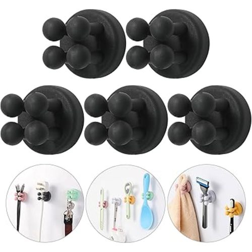 ZEZHOU Razor Holder for Shower Wall - 5Pcs Self Adhesive Silicone Toothbrush Holders Wall Mounted Multi-Function Cute Utility Hook for Hanging Towel for Bathroom Kitchen Living Room Office, Black