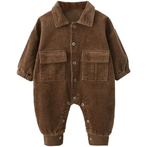 Happy Cherry Newborn Baby Boy Girl Corduroy Long Sleeve Button Down Collared Jumpsuit One Piece Overall Outfit